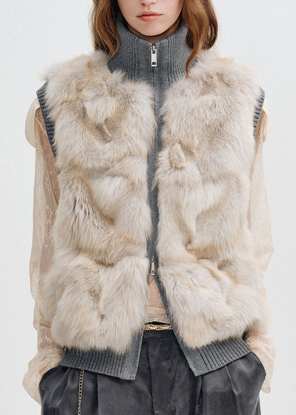 Bohemian Light Grey Zippered Patchwork Mink Hair Waistcoat Sleeveless