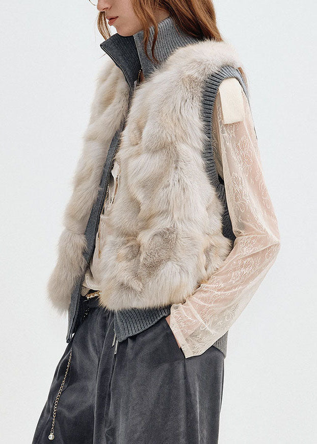 Bohemian Light Grey Zippered Patchwork Mink Hair Waistcoat Sleeveless