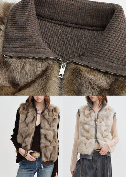 Bohemian Light Grey Zippered Patchwork Mink Hair Waistcoat Sleeveless