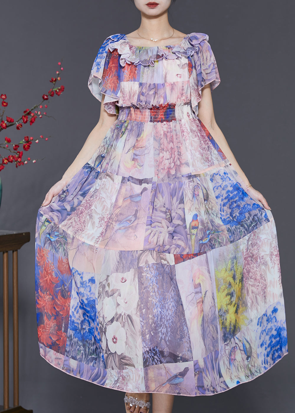 Bohemian Light Purple Slash Neck Cinched Chiffon Holiday Dress Summer