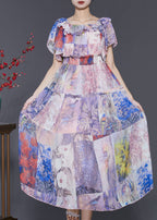 Bohemian Light Purple Slash Neck Cinched Chiffon Holiday Dress Summer