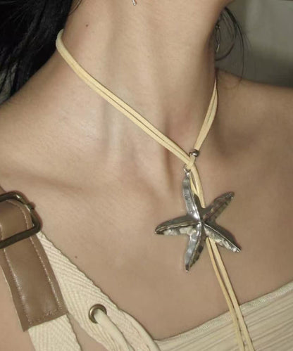 Bohemian Light Yellow Alloy Leather Starfish Pendant Necklace
