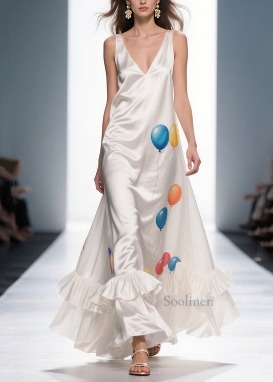 Bohemian Milk White Ruffled Print Silk Vestidos Dress Summer