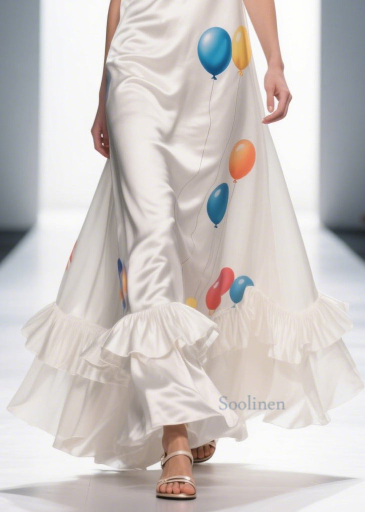 Bohemian Milk White Ruffled Print Silk Vestidos Dress Summer