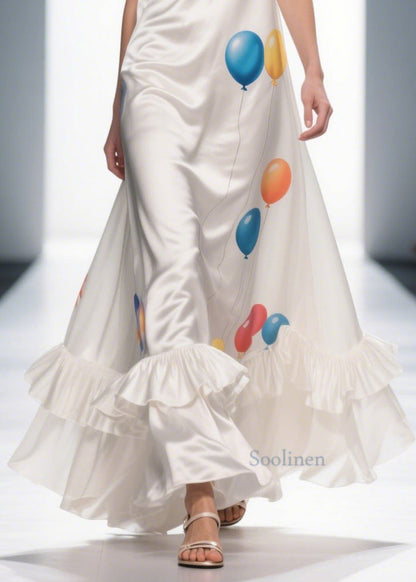 Bohemian Milk White Ruffled Print Silk Vestidos Dress Summer