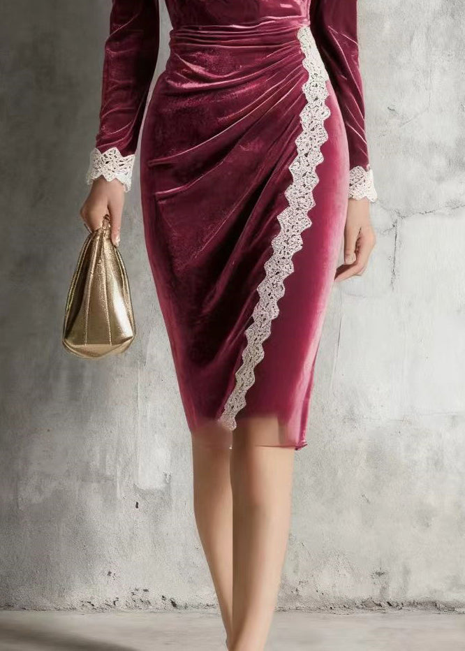 Bohemian Mulberry O-Neck Lace Patchwork Silk Velvet Mid Dress Spring