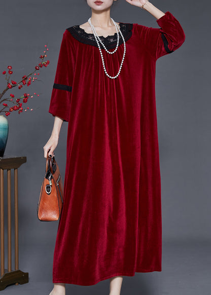 Bohemian Mulberry Oversized Patchwork Lace Silk Velvet Dress Fall