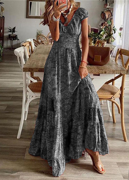 Bohemian Mulberry Print Elastic Waist Long Dresses Summer