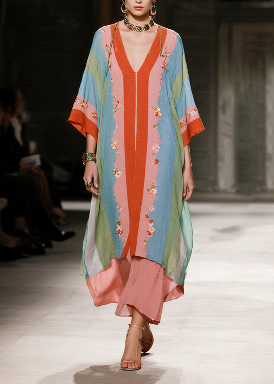 Bohemian Multicolored Oversized Patchwork Cotton Fake Two Piece Dress Summer