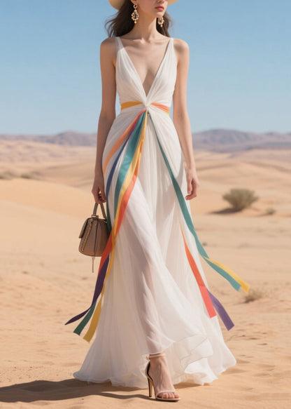 Bohemian Multicolour Ribbon Exra Large Hem Tulle Vacation Dresses Summer