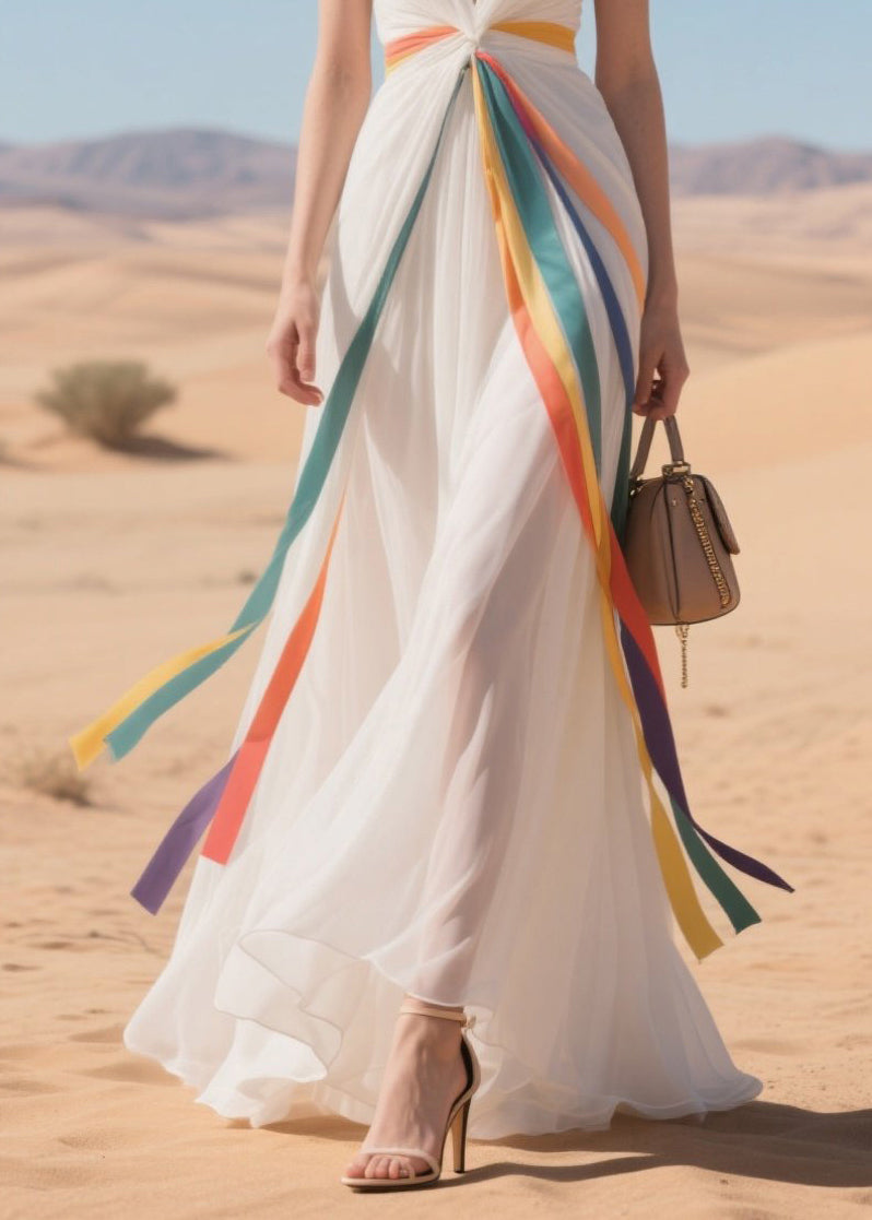 Bohemian Multicolour Ribbon Exra Large Hem Tulle Vacation Dresses Summer