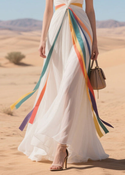 Bohemian Multicolour Ribbon Exra Large Hem Tulle Vacation Dresses Summer