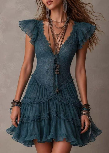 Bohemian Navy Blue Deep V Neck Lace Layered Tulle Mini Dresses Summer