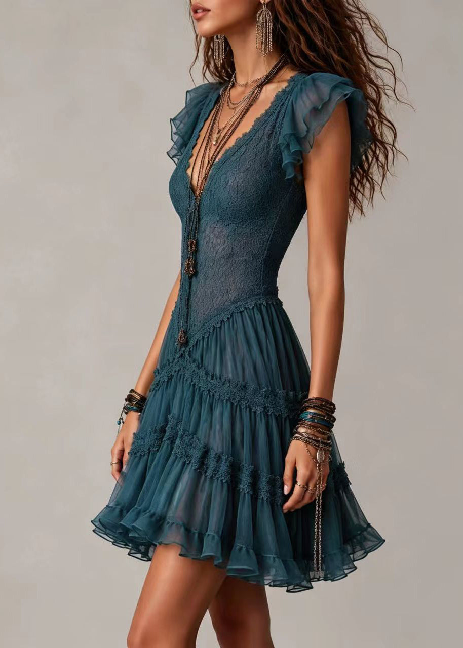 Bohemian Navy Blue Deep V Neck Lace Layered Tulle Mini Dresses Summer