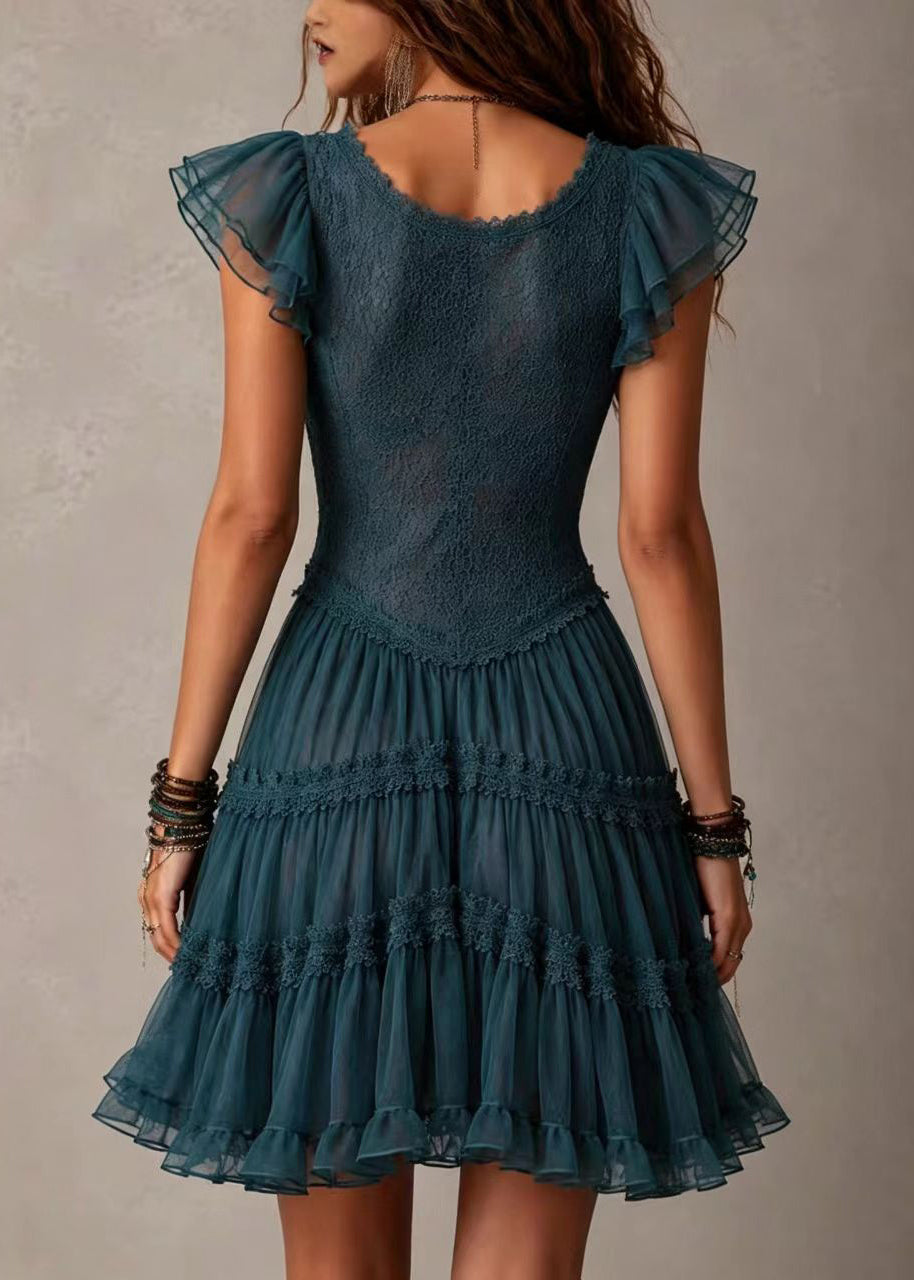Bohemian Navy Blue Deep V Neck Lace Layered Tulle Mini Dresses Summer
