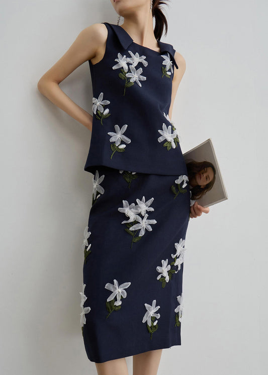 Bohemian Navy Floral Vest And Maxi Skirts Two Piece Set Sleeveless