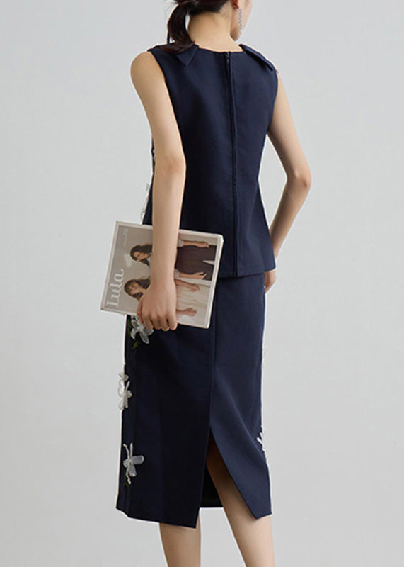 Bohemian Navy Floral Vest And Maxi Skirts Two Piece Set Sleeveless