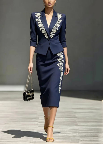 Bohemian Navy Notched Wraped Two Piece Suit Set Bracelet Sleeve