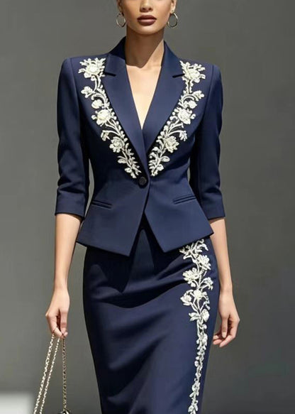 Bohemian Navy Notched Wraped Two Piece Suit Set Bracelet Sleeve