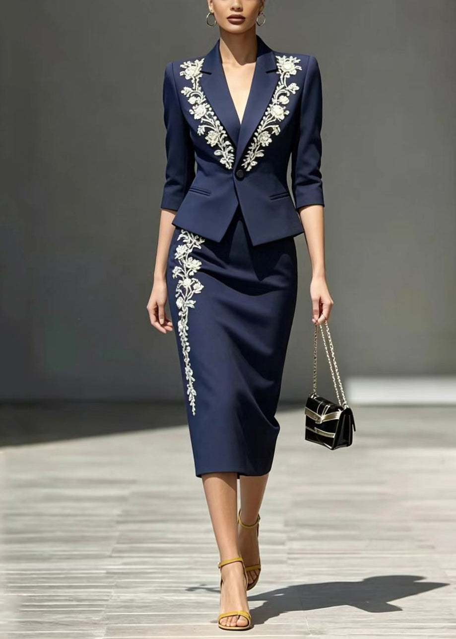 Bohemian Navy Notched Wraped Two Piece Suit Set Bracelet Sleeve