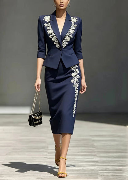 Bohemian Navy Notched Wraped Two Piece Suit Set Bracelet Sleeve