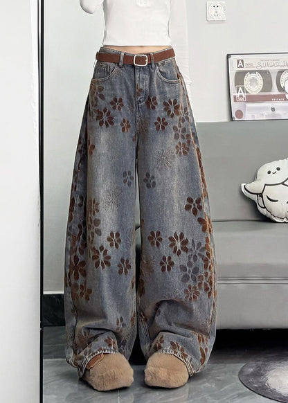 Bohemian Navy Oversized Print Denim Pants Spring