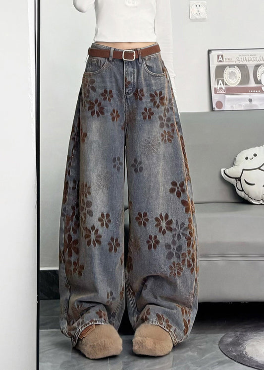 Bohemian Navy Oversized Print Denim Pants Spring