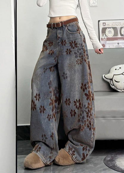 Bohemian Navy Oversized Print Denim Pants Spring