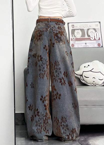 Bohemian Navy Oversized Print Denim Pants Spring