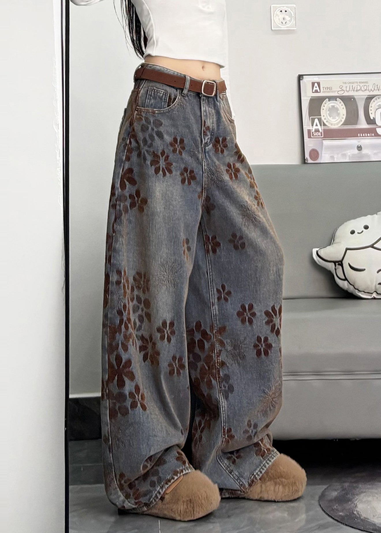 Bohemian Navy Oversized Print Denim Pants Spring