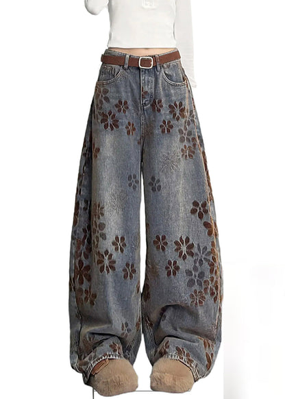 Bohemian Navy Oversized Print Denim Pants Spring