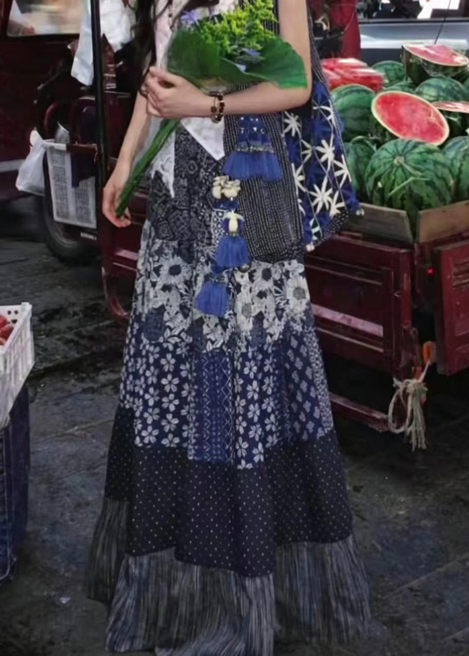 Bohemian Navy Print High?Waist Exra Large Hem Skirt Fall