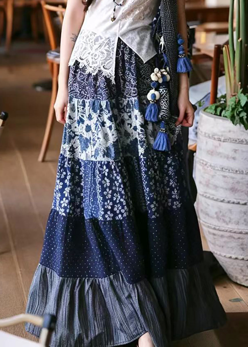 Bohemian Navy Print High?Waist Exra Large Hem Skirt Fall