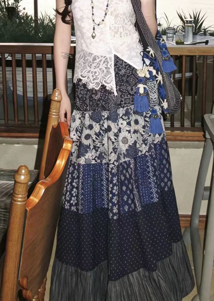 Bohemian Navy Print High?Waist Exra Large Hem Skirt Fall