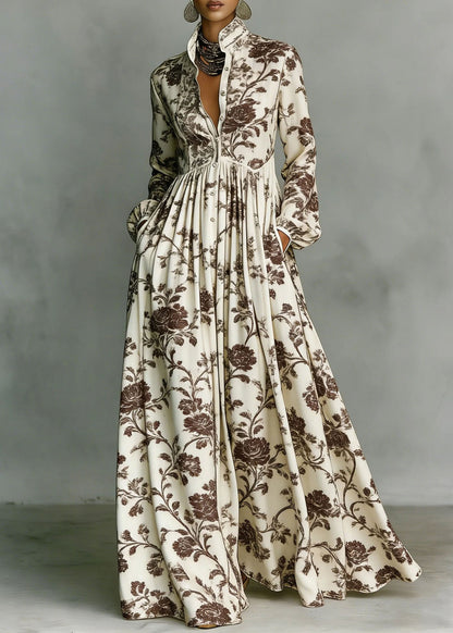 Bohemian Navy Print Pockets Cotton Long Dress Fall