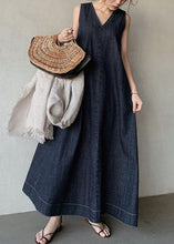 Load image into Gallery viewer, Bohemian Navy V Neck Cold Shoulder Cotton Denim Dress Sleeveless