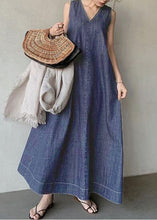 Load image into Gallery viewer, Bohemian Navy V Neck Cold Shoulder Cotton Denim Dress Sleeveless