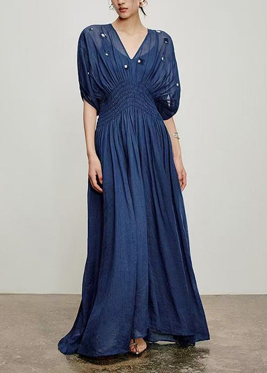 Bohemian Navy V Neck Elastic Waist Linen Maxi Dresses Spring