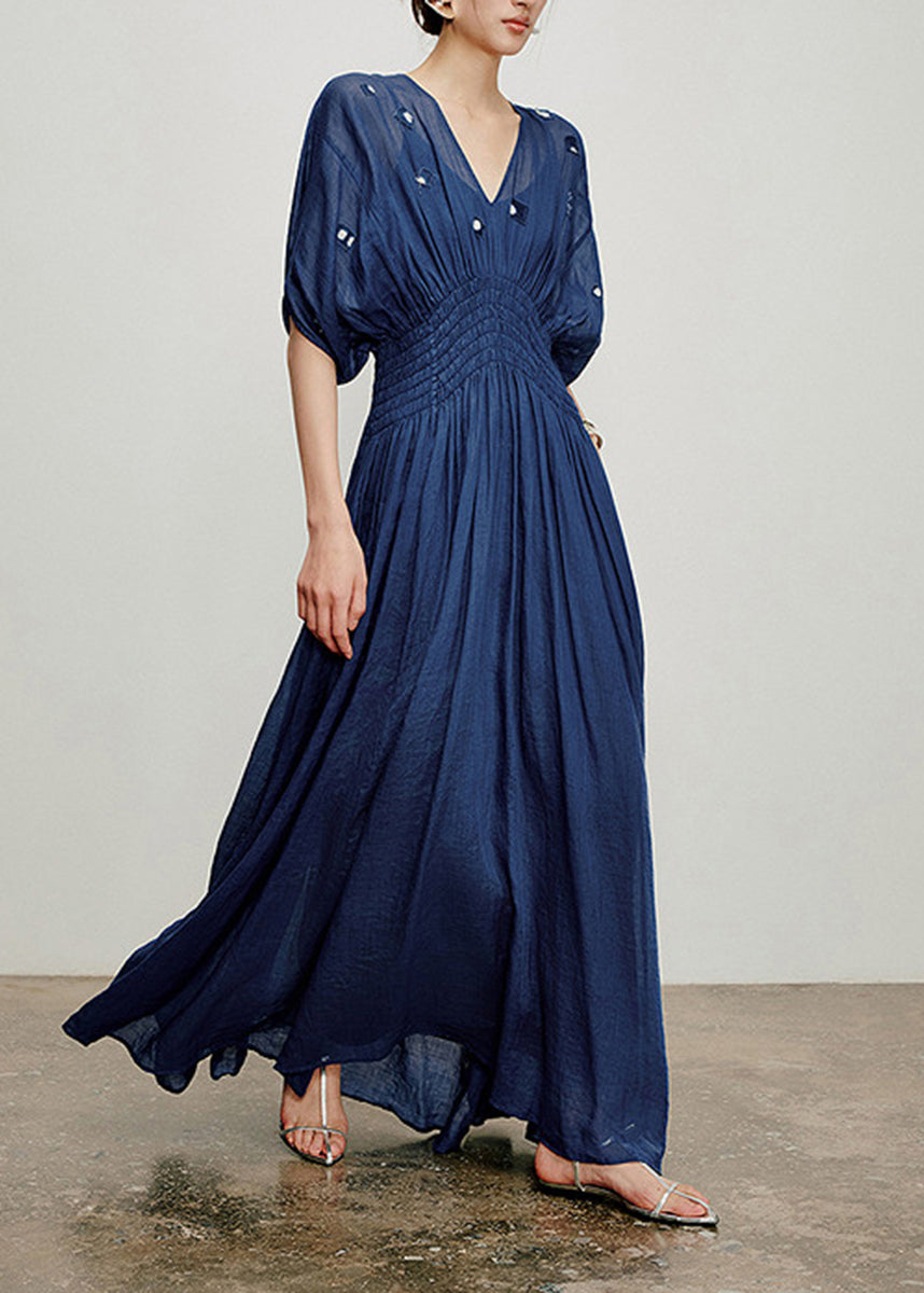 Bohemian Navy V Neck Elastic Waist Linen Maxi Dresses Spring
