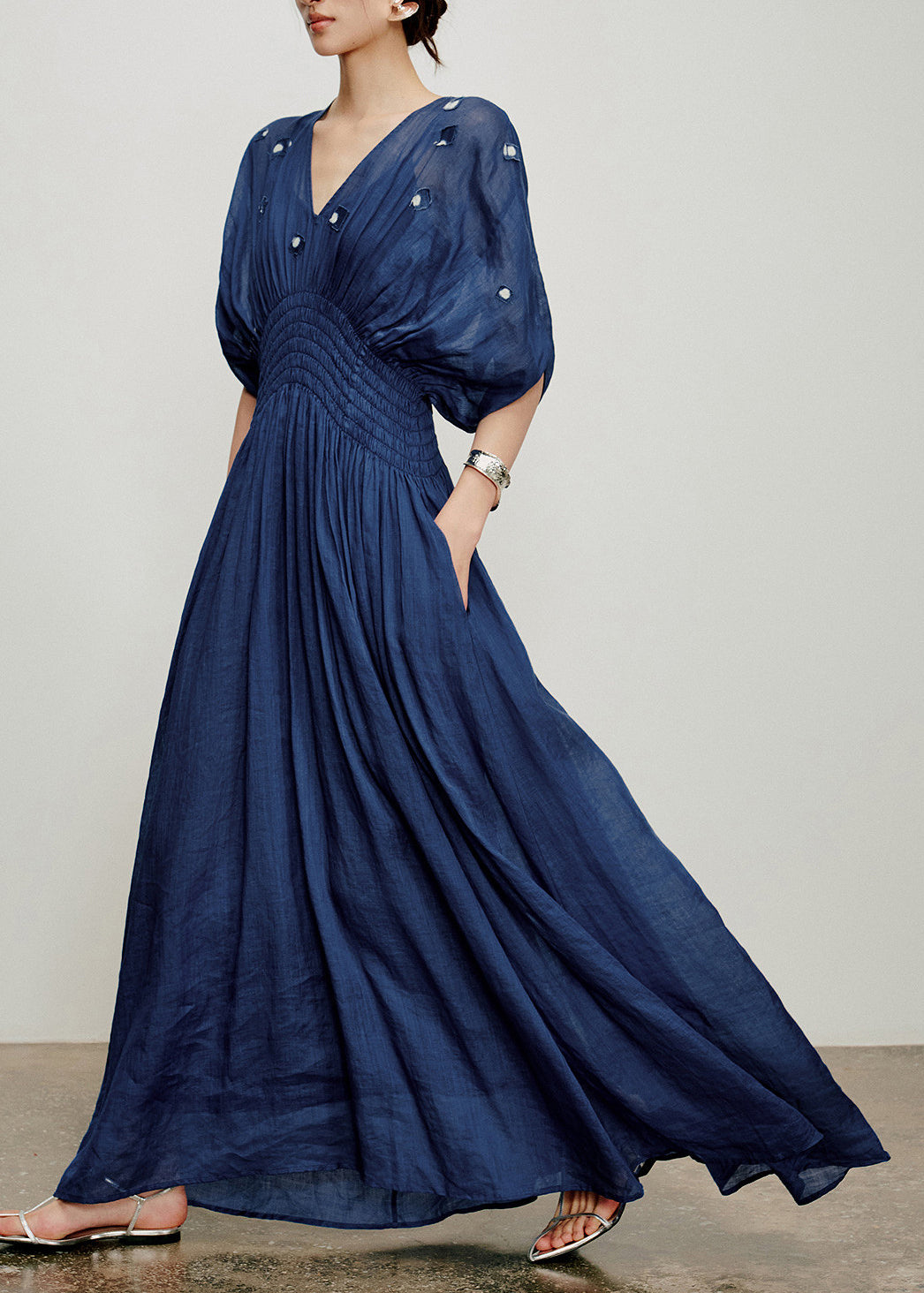 Bohemian Navy V Neck Elastic Waist Linen Maxi Dresses Spring