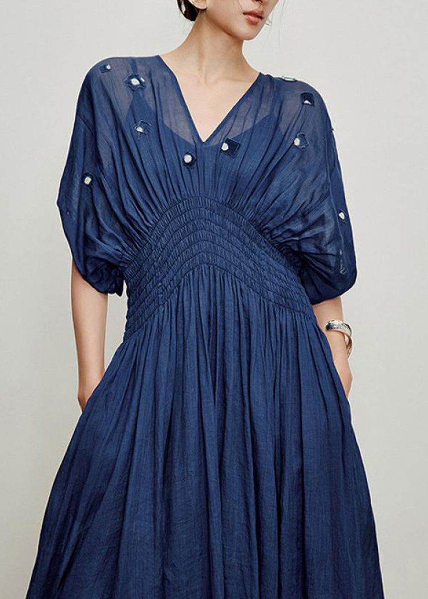 Bohemian Navy V Neck Elastic Waist Linen Maxi Dresses Spring