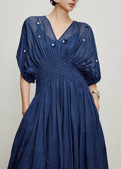 Bohemian Navy V Neck Elastic Waist Linen Maxi Dresses Spring