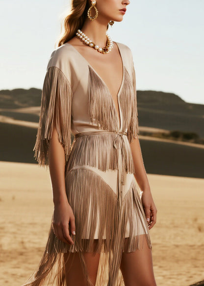 Bohemian Nude Tasseled Low High Design Day Dress Summer
