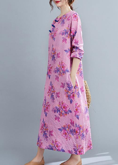 Bohemian O Neck Chinese Button Spring Pattern Purple Print Loose Dress - SooLinen