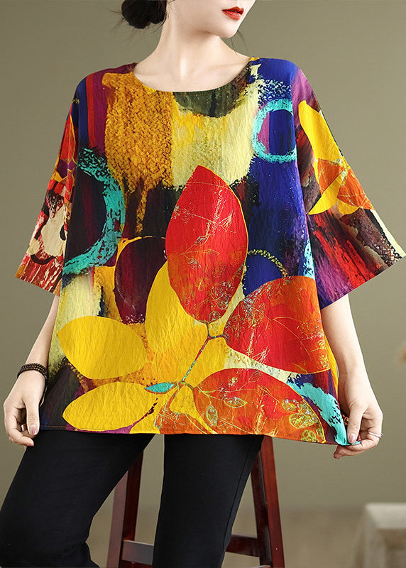 Bohemian O Neck Print Loose Cotton T Shirt Tops Summer