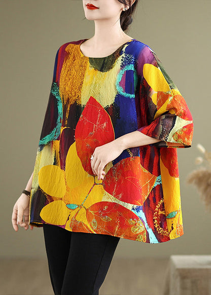 Bohemian O Neck Print Loose Cotton T Shirt Tops Summer