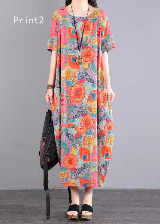 Bohemian O Neck Print Pockets Patchwork Cotton Dress Summer