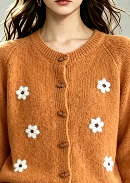 Bohemian Orange Daisy Thick Knit Cardigan Winter