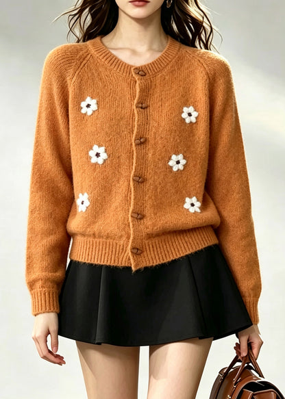 Bohemian Orange Daisy Thick Knit Cardigan Winter