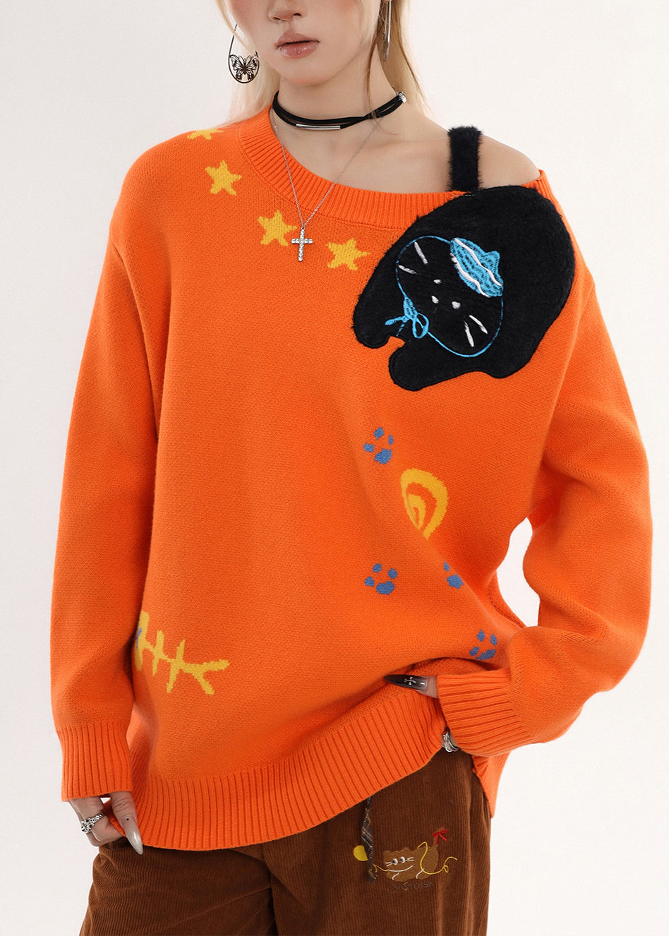 Bohemian Orange Embroidered Cold Shoulder Knit Sweater Winter